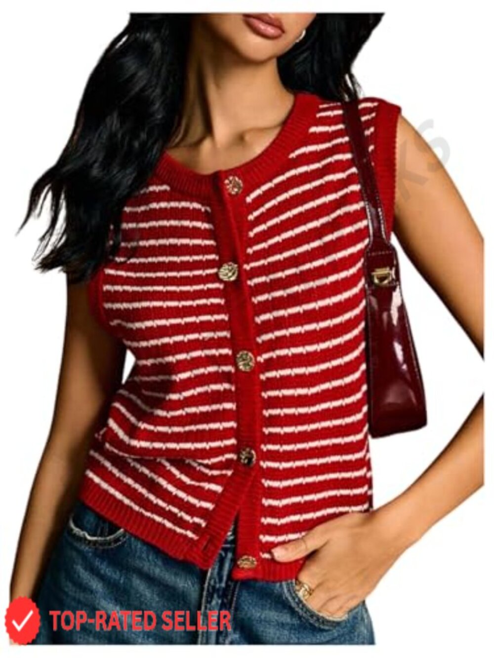 Sleeveless Button Front Knit Sweater Vest Striped Old Money Tank Top